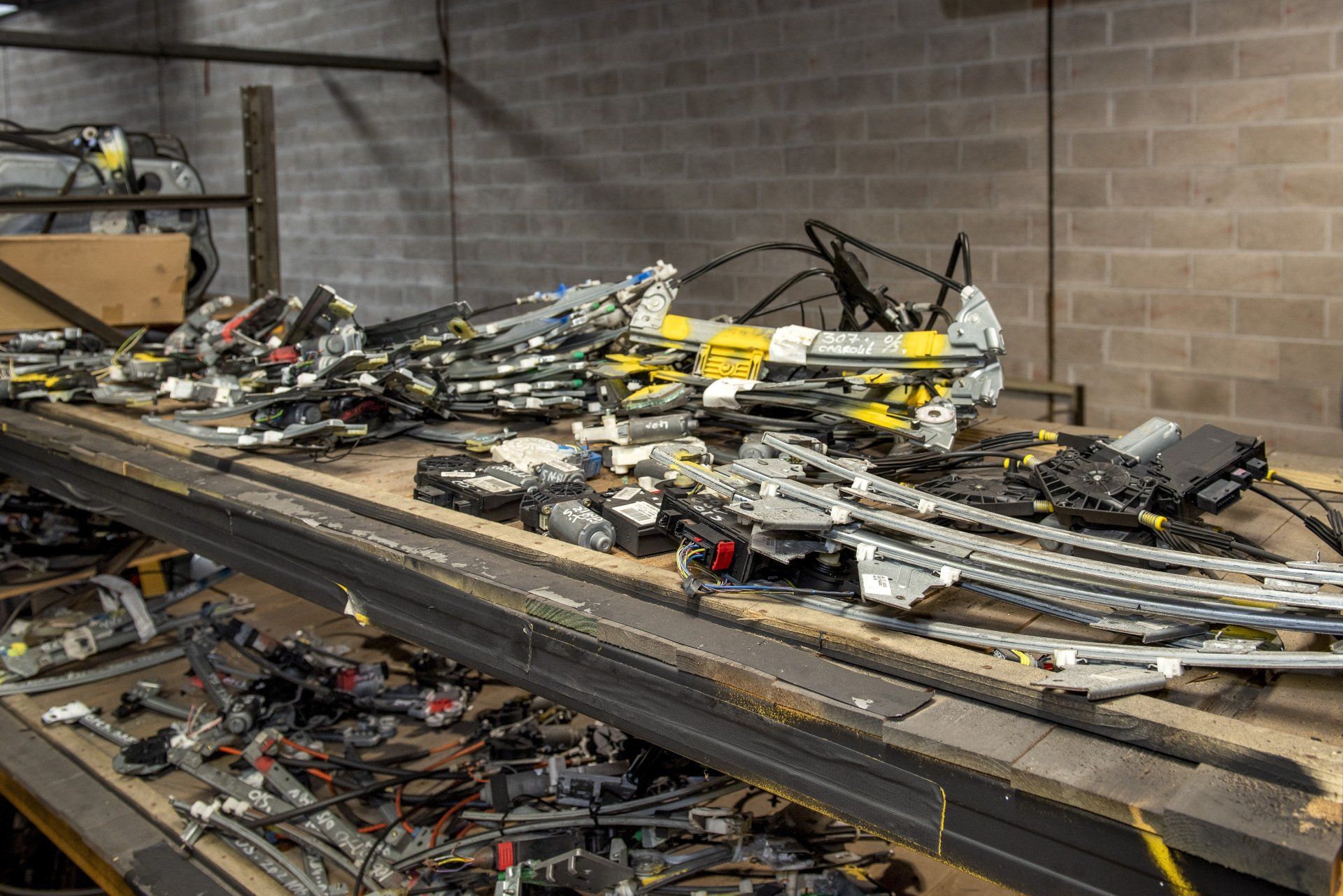 Old car parts on the shelves