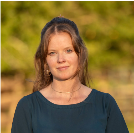 A woman in a blue dress is smiling for the camera.