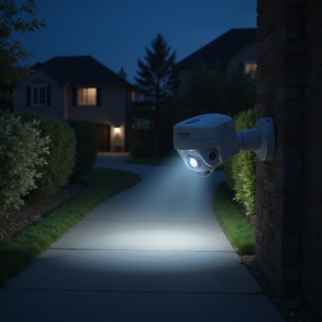 Security camera with light illuminating a walkway at night in front of houses.