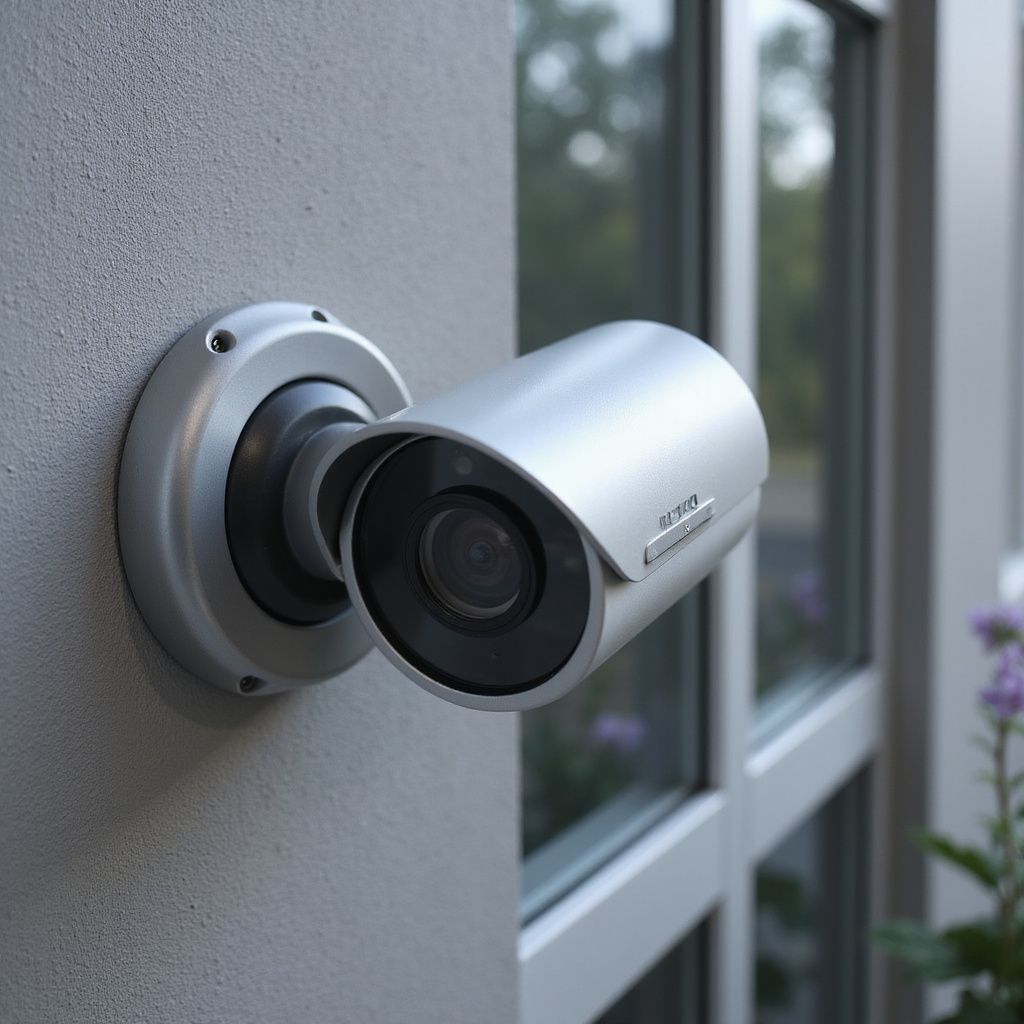 Silver security camera mounted on a gray building wall, angled toward a window.