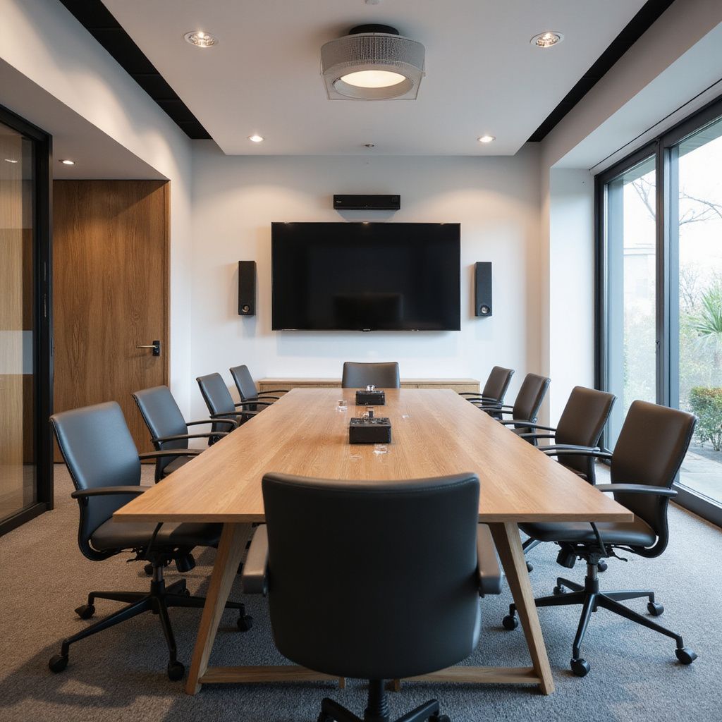 Conference room with a large wooden table, chairs, and a mounted TV.