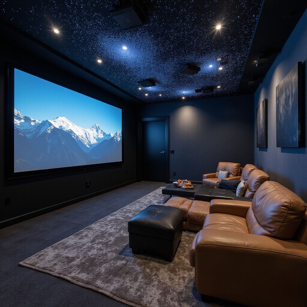 Home theater with starry ceiling, large screen showing mountains, leather seating, and dark walls.