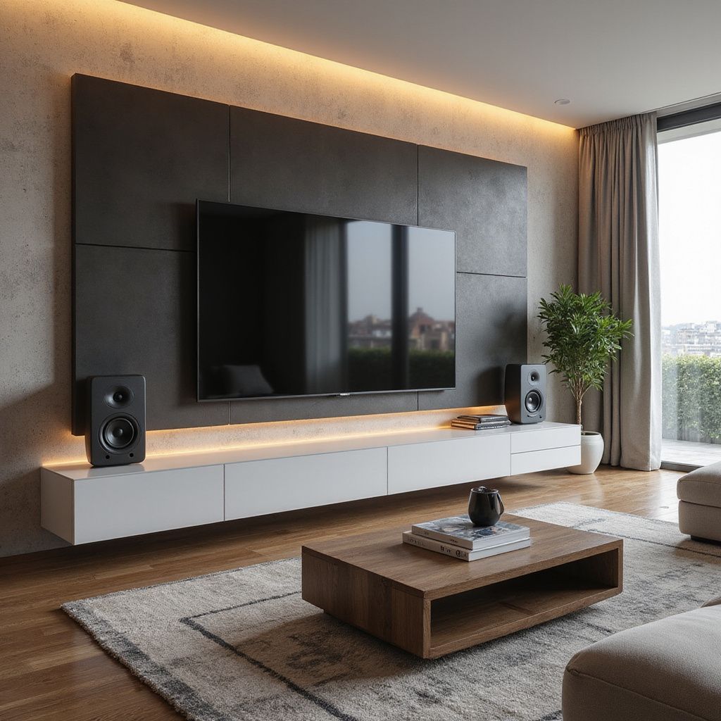 Living room with modern entertainment center, large TV, speakers, and coffee table.