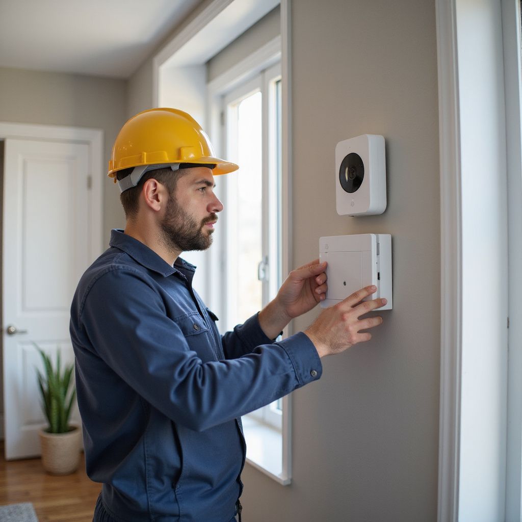 Technician in yellow hard hat installing a device on a wall, near a window.