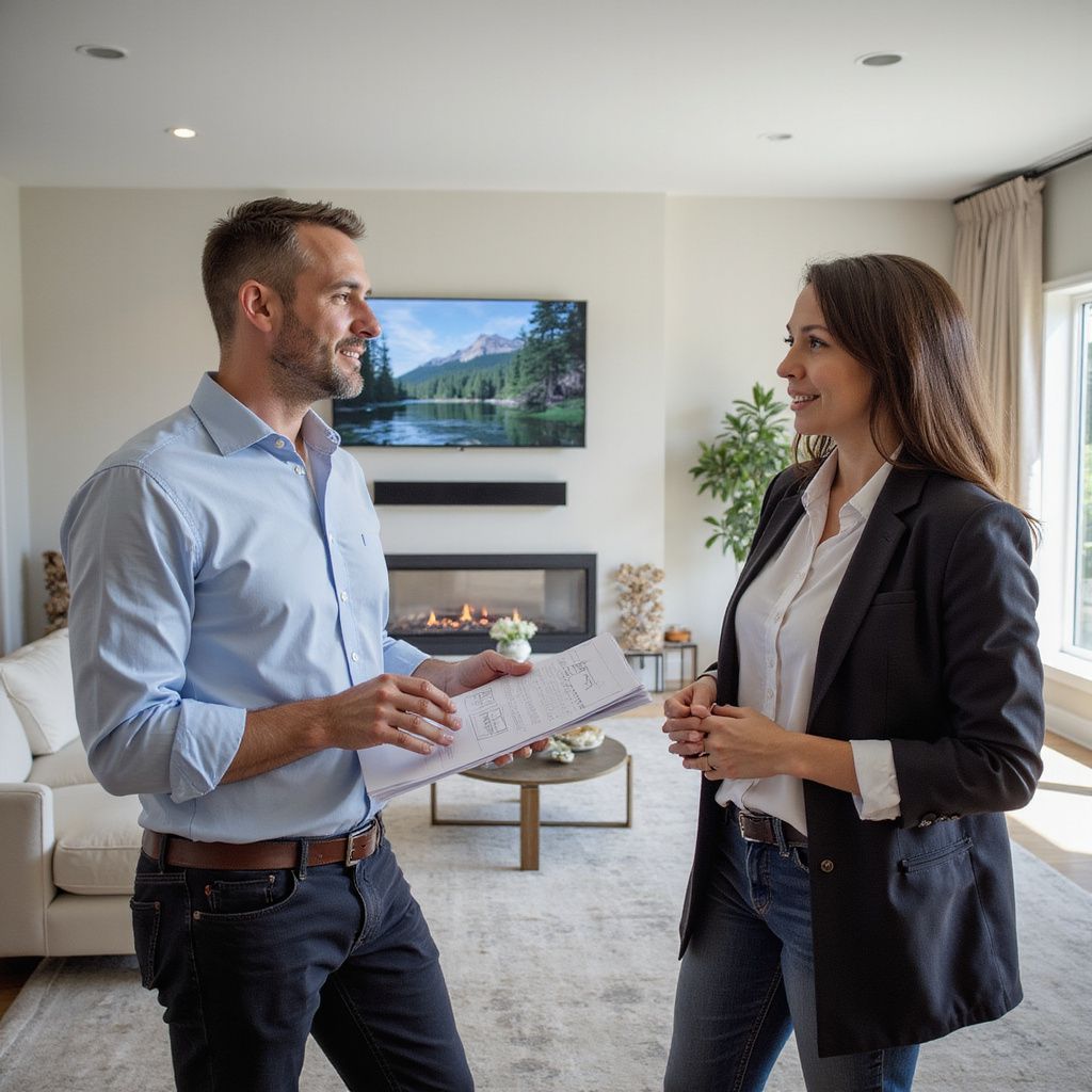 Man showing plans to a woman in a living room; fireplace, TV, and window visible.