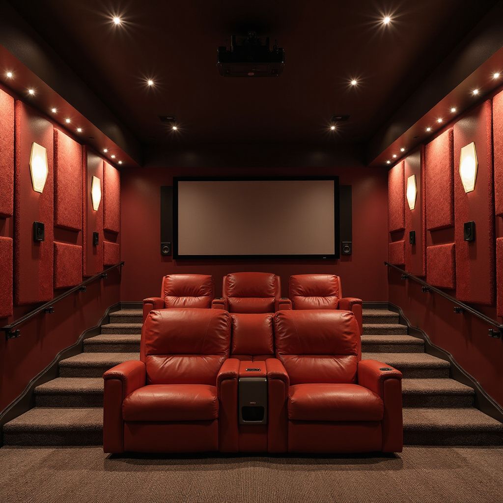 Red-themed home theater with tiered seating, large screen, red leather recliners, and acoustic panels.