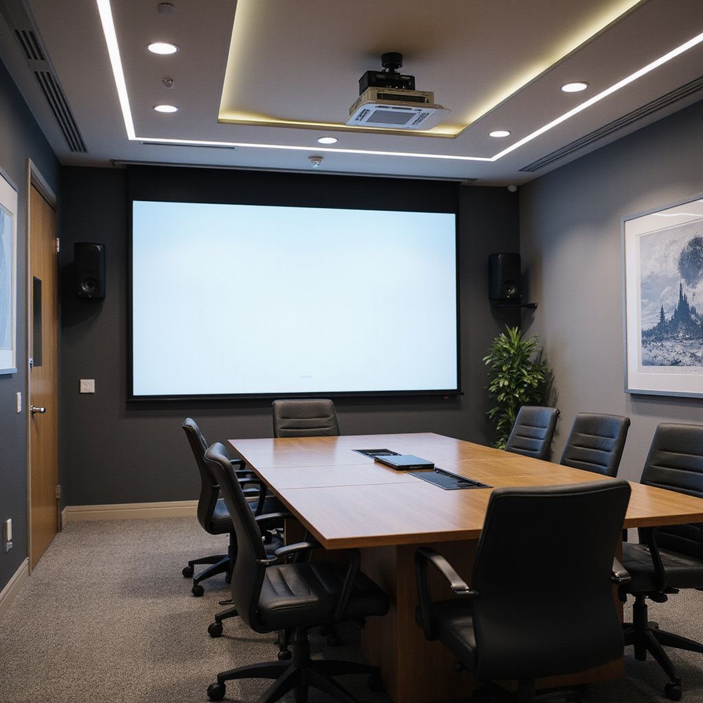Conference room with a large screen, wooden table, black chairs, and projector.
