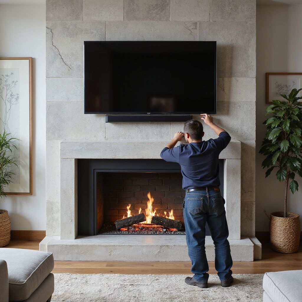 Man adjusting a TV and soundbar above a fireplace with a lit fire. 