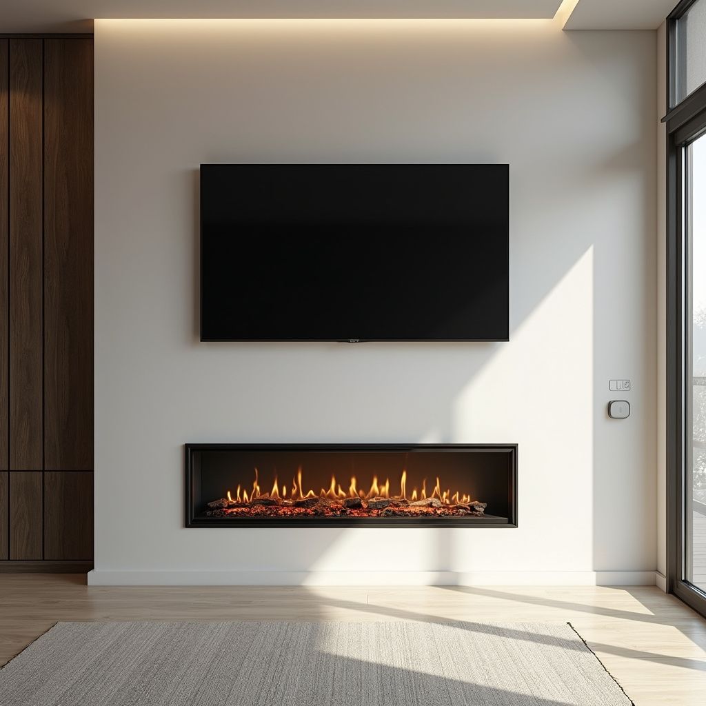 Custom Wall-mounted TV above a fireplace with glowing embers, on a white wall in a modern room.