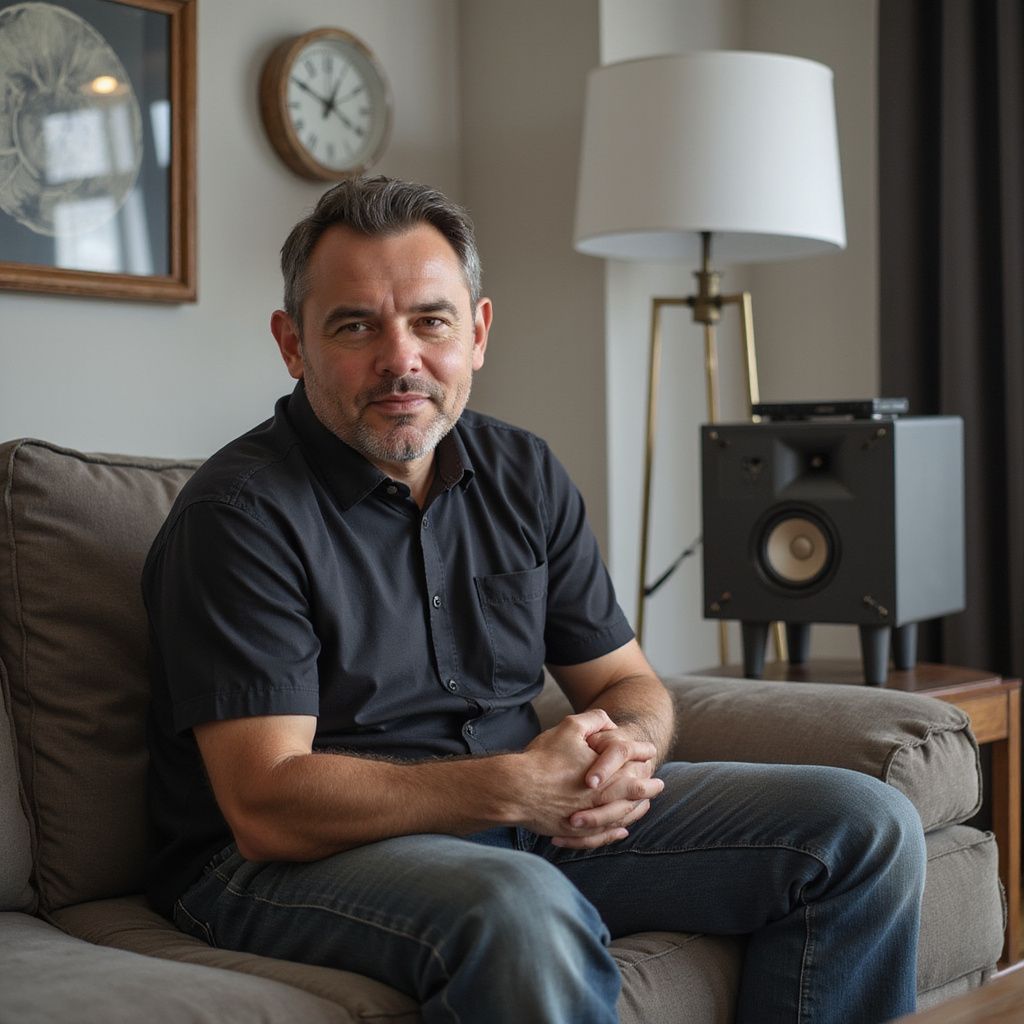 Man sitting on a sofa with hands clasped, near a speaker and lamp, indoors.