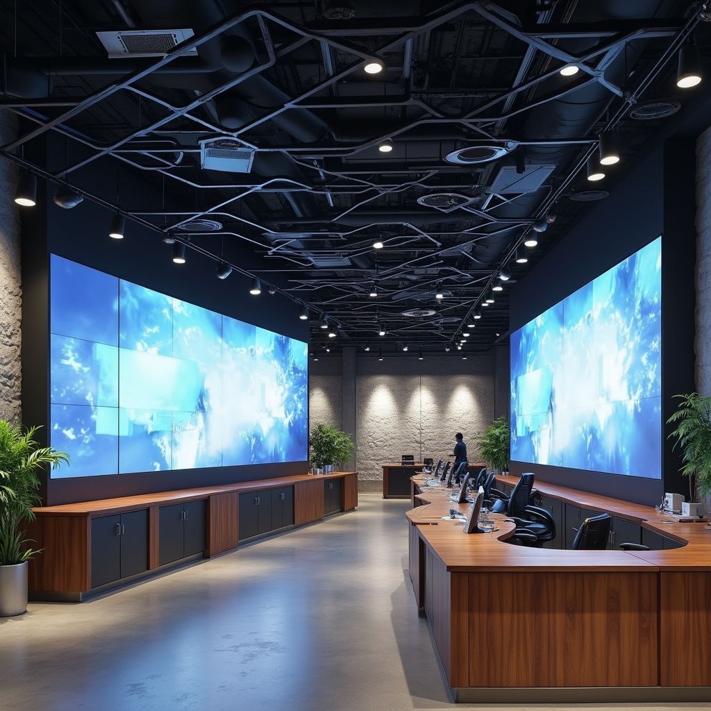 Control room with large screens displaying blue abstract imagery, dark ceiling, and wood paneling.