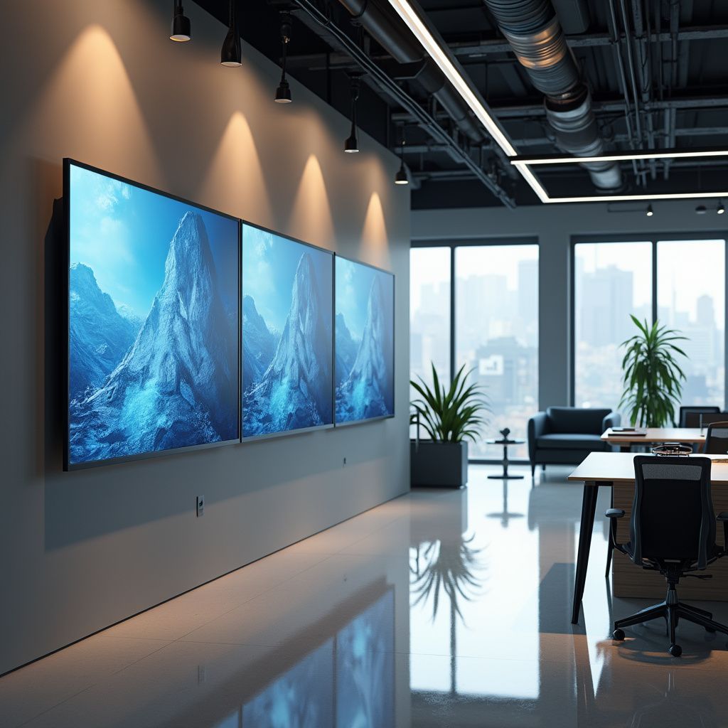 Modern office interior with three screens displaying blue mountain landscape. Plants, desks, and city view.