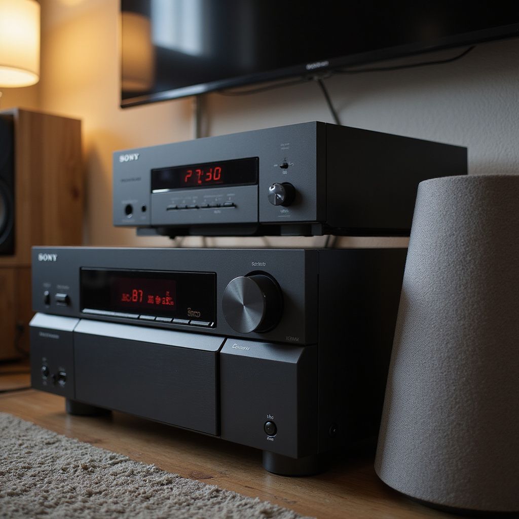 Two black stereo components stacked on a wood surface, with a gray speaker nearby.