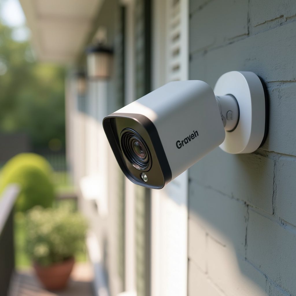 A white security camera mounted on a gray brick wall, with 