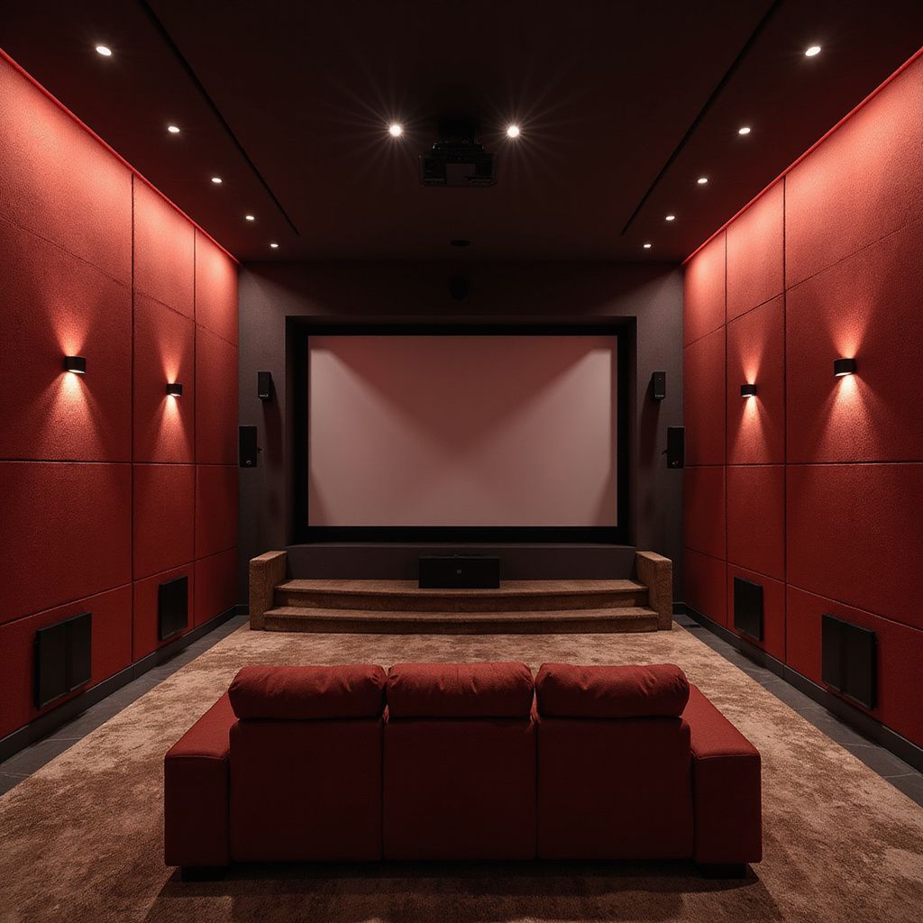 Red home theater with a screen, seating, and stage; dark ceiling, walls with lighting, and a neutral rug.