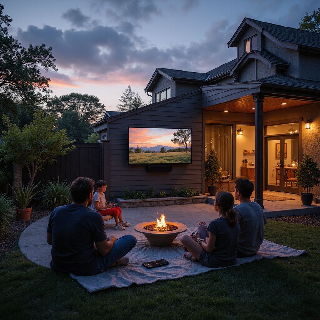 Family watches outdoor TV by a fire pit on a patio under a dusky sky.