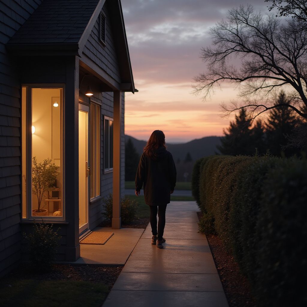 Person walking on a path, away from a house at dusk, with trees and mountains in the background.