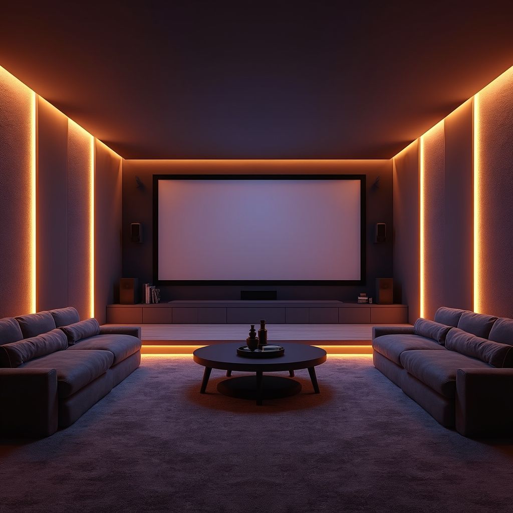 Home theater with large screen, two sofas, round table, and orange ambient lighting.