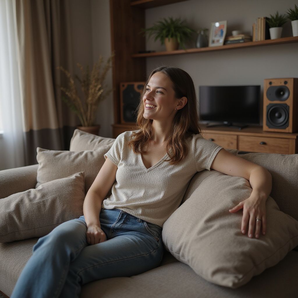 Woman smiling, sitting on a sofa in a living room, looking out a window.