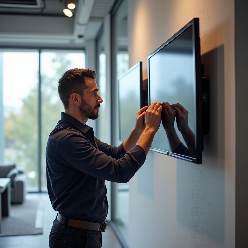 Man adjusts a wall-mounted TV screen in a modern room with large windows, wearing a dark blue shirt and belt.