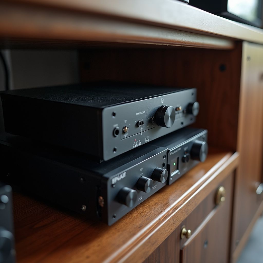 Two black audio components stacked on a wooden shelf in a cabinet.