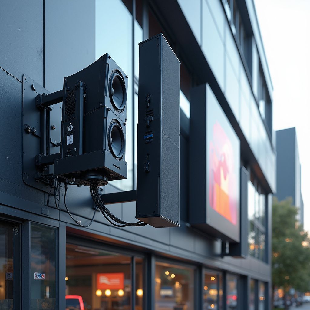 outdoor speakers mounted on the exterior of a modern building next to a outdoor TV.