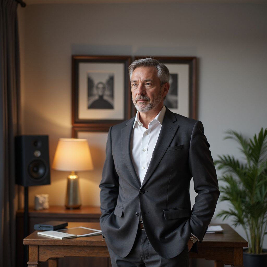 Man in suit, hands in pockets, stands near desk, looking off-camera. Home office with art and lamp.