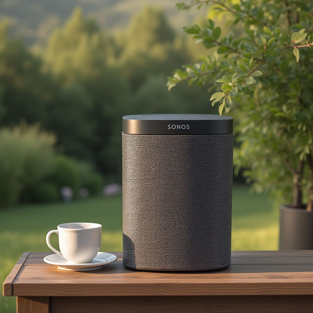 Sonos speaker on a wooden table, with coffee cup, outdoors with trees in background.