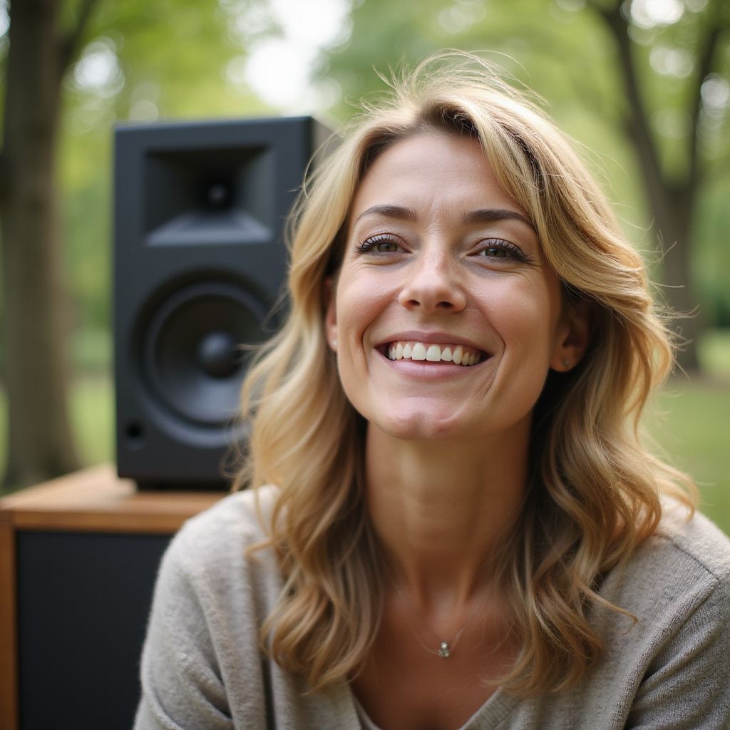 Woman smiling, next to a black speaker in a park setting.