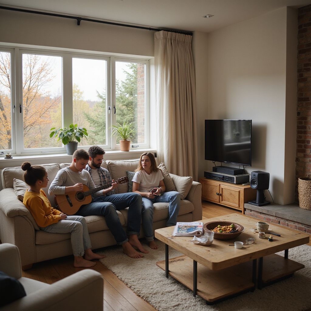 Four people relaxing in a living room. Two play guitar, others listen on the sofa near window.