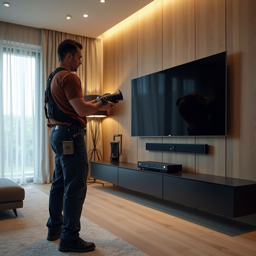 AV Tech calibrating a large TV in a modern living room. He wears a camera harness and holds a camera.