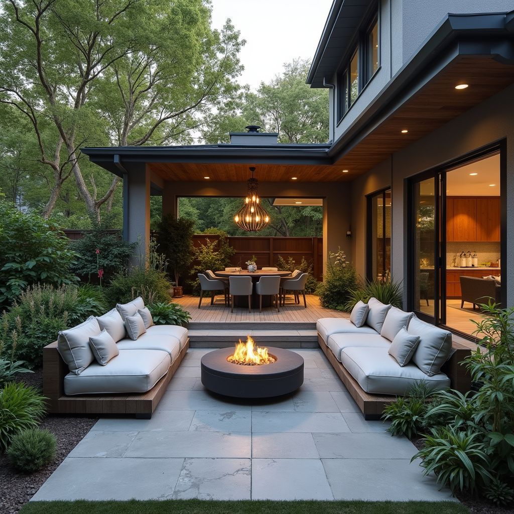 Outdoor patio with fire pit, sofas, and dining area beneath a covered structure.