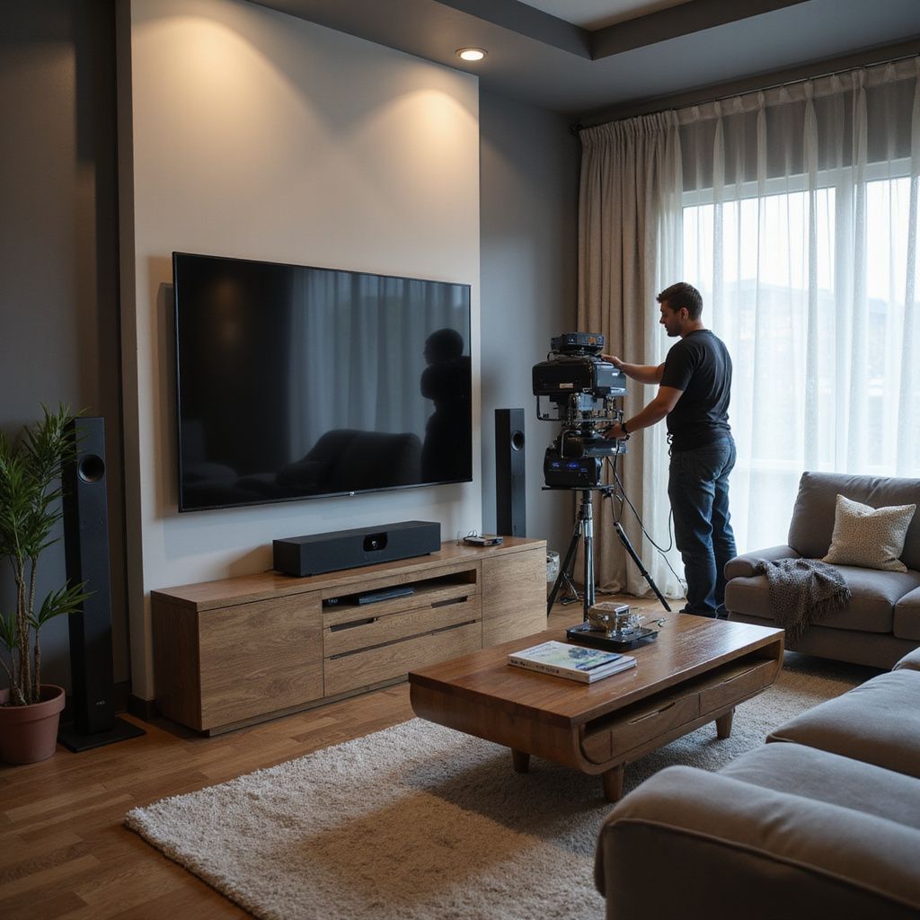 Man filming with camera in a modern living room. TV, sofa, and coffee table are visible.