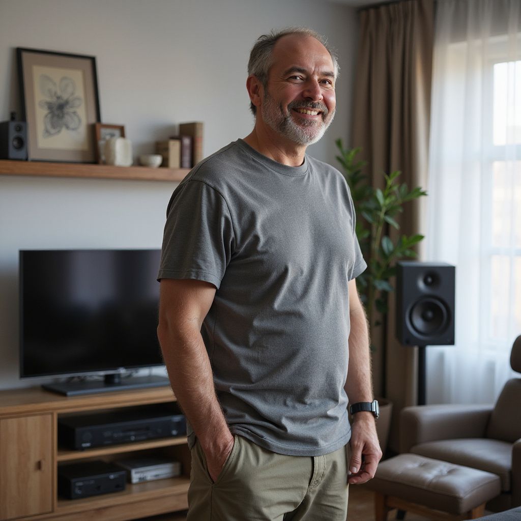 Man smiling, standing in a living room. Hands in pockets, wearing gray shirt.