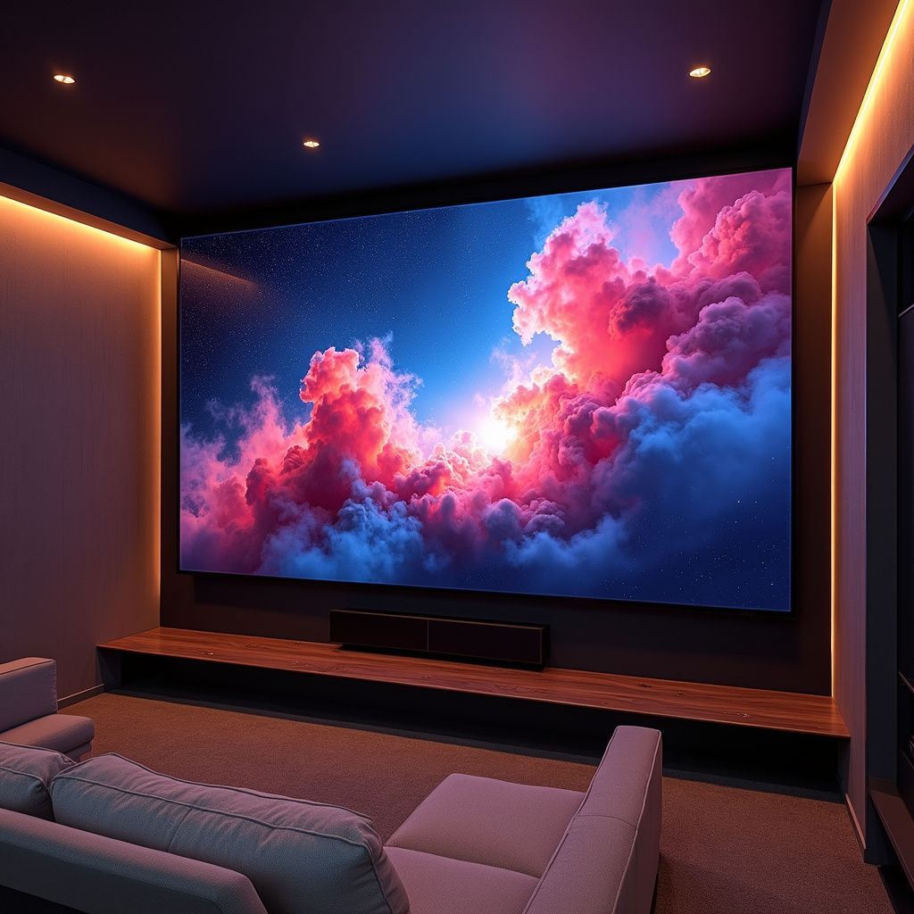 Home theater with a large screen displaying a vibrant sunset, a low shelf, and a light-colored couch.