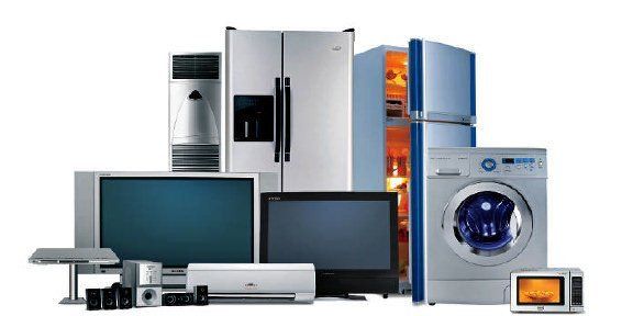 A collection of household appliances, including refrigerators, a washing machine, and a microwave.