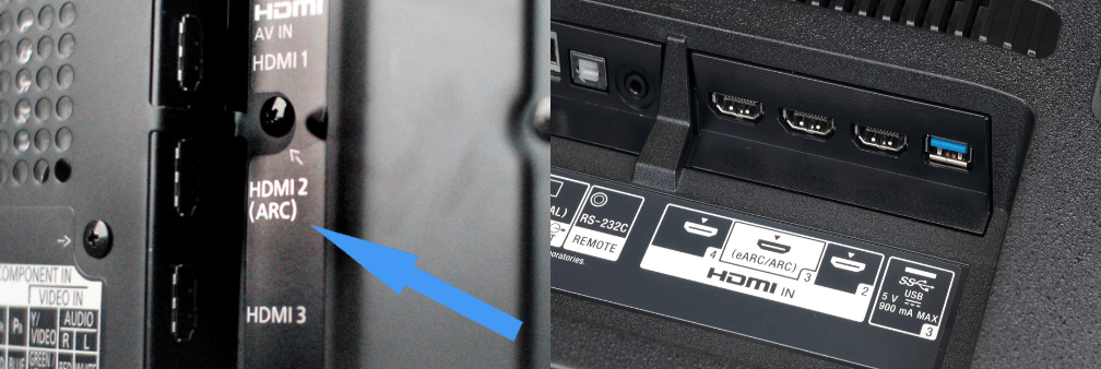 Close-up of a TV's back panel with various HDMI ports. Arrow points to 