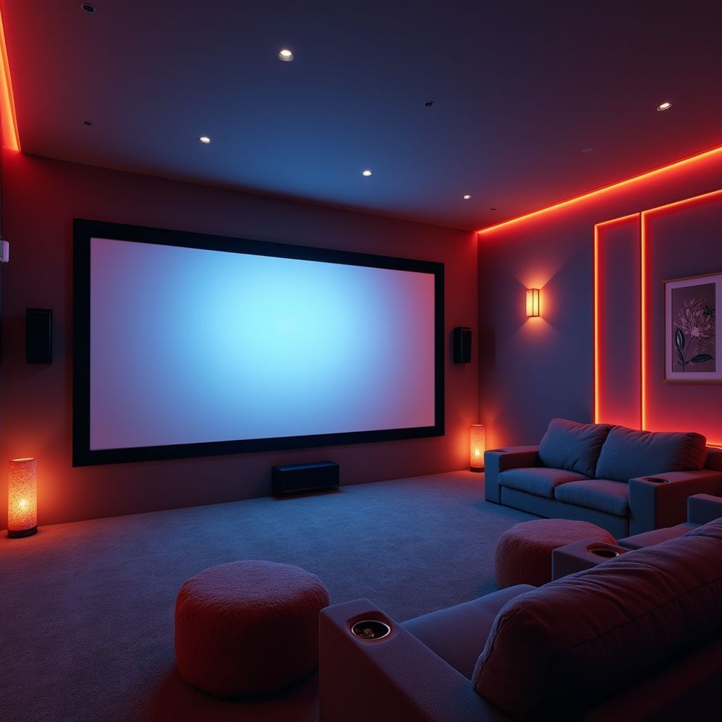 Home theater with large screen, red/blue lighting, gray couches, and a soft rug.