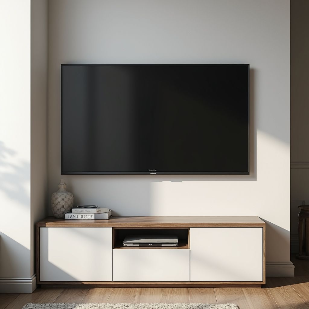 A TV custom mounted above a modern white and wood grain TV stand. 