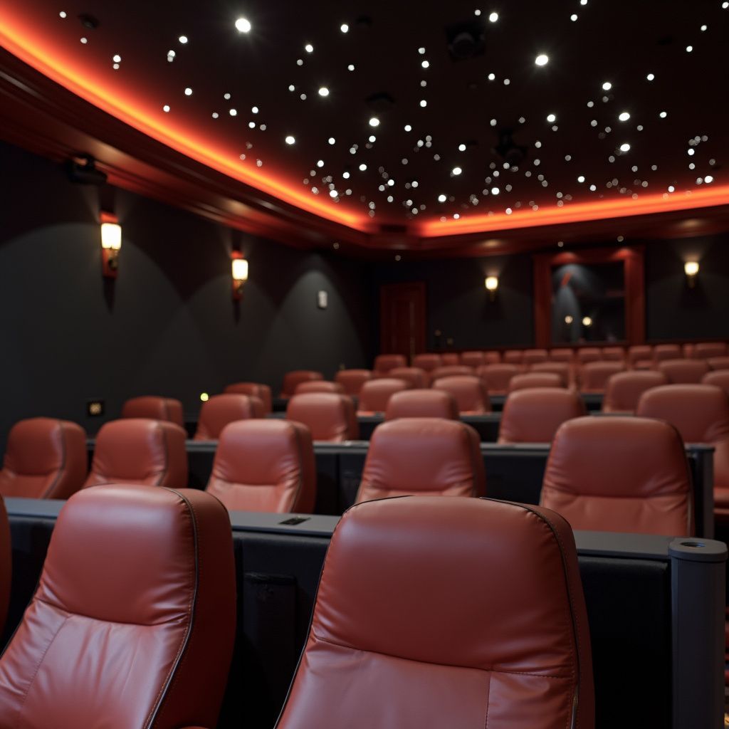 Rows of red leather recliners in a home theater with a starry ceiling and red accent lighting.