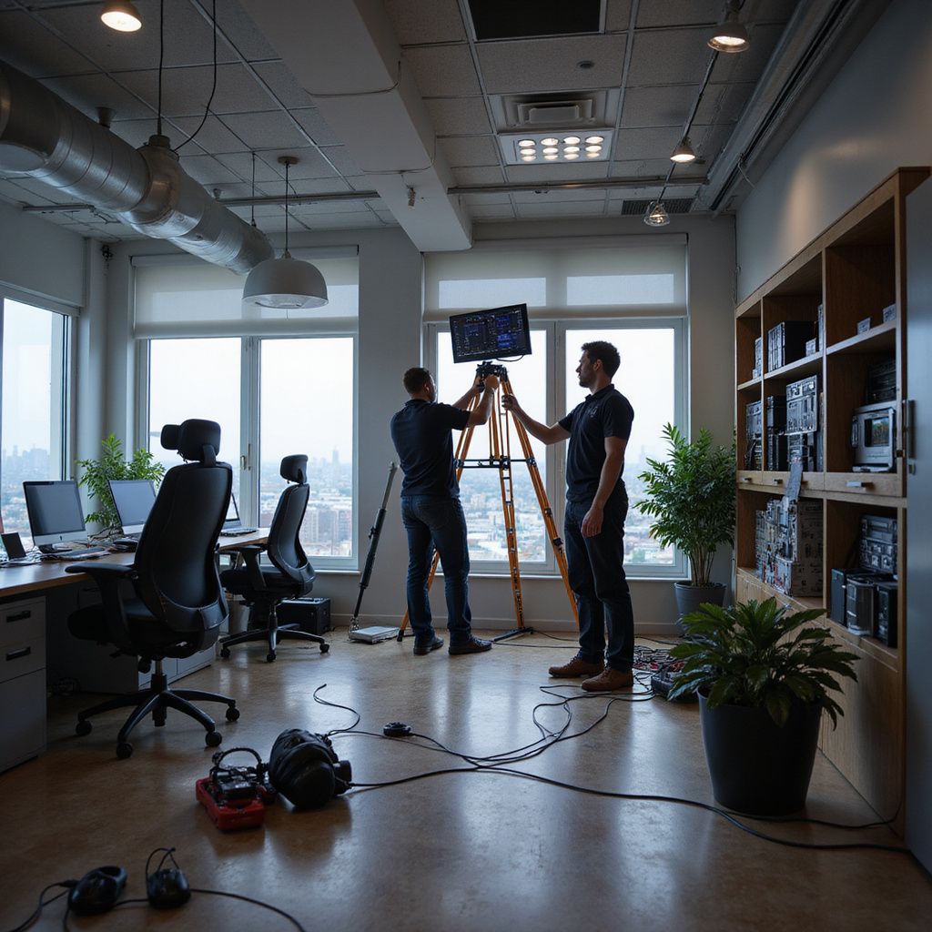 Two people setting up a screen on a tripod in an office with city views, cables on the floor.