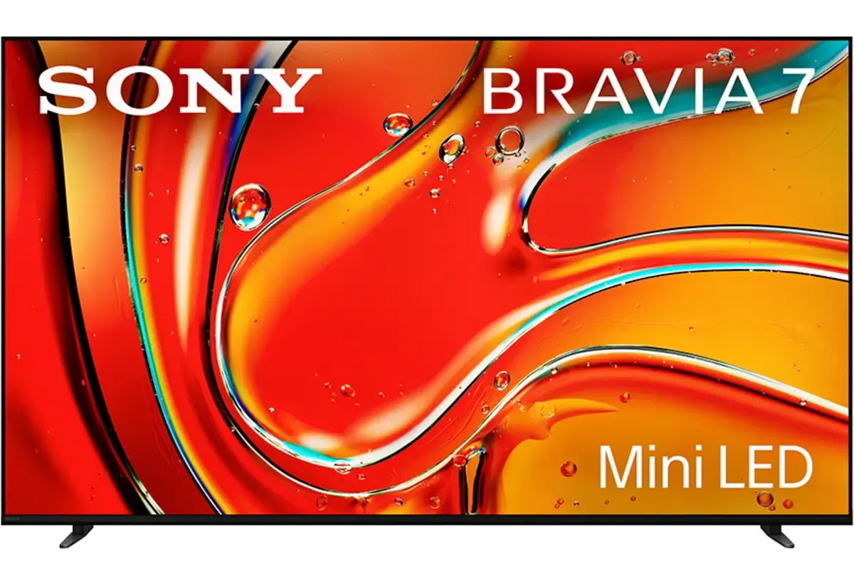 Sony Bravia 7 Mini LED TV with colorful abstract background.