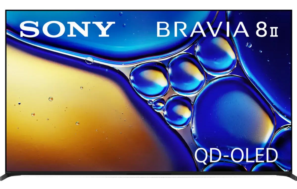 Sony Bravia 8 II QD-OLED TV displaying a close-up of blue and yellow liquid.