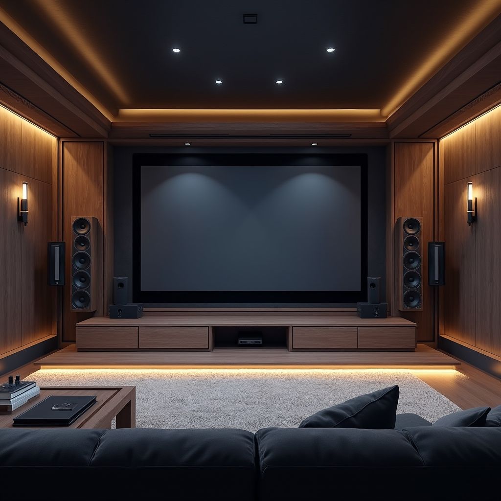 Home theater with large screen, speakers, dark seating, and wood paneling with warm lighting.