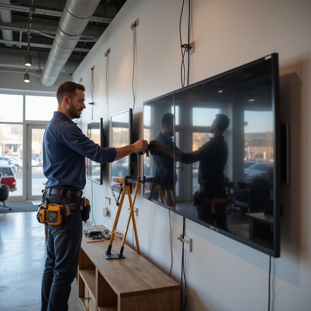 A person installs multiple televisions on a wall in a building. They are installing a video wall.