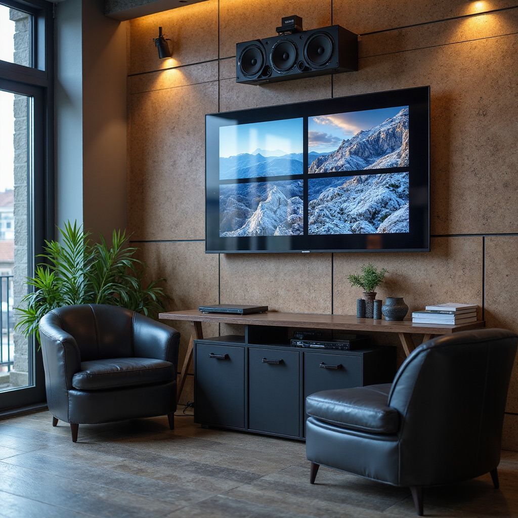 Living room with TV on a cork wall, two leather chairs, and a wooden console.