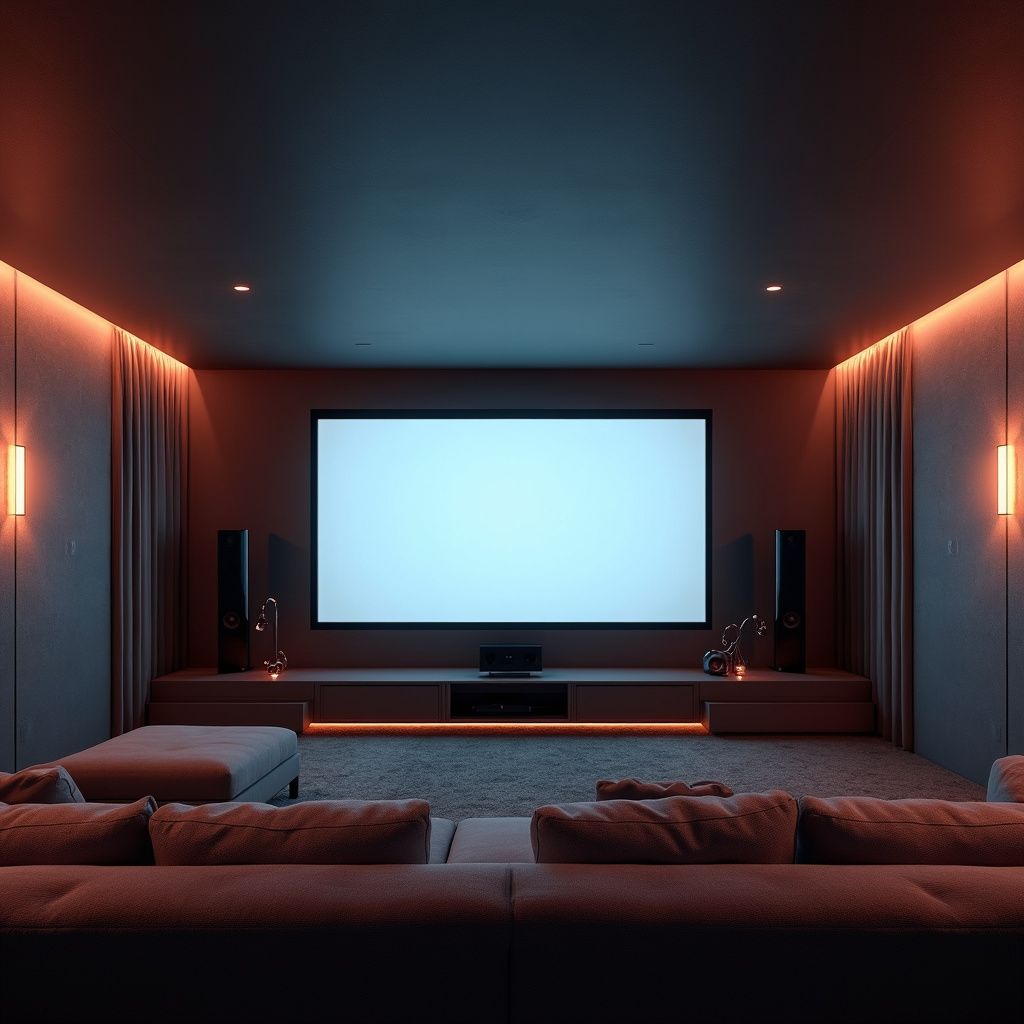 Home theater with a large screen, speakers, comfortable seating, and ambient lighting.