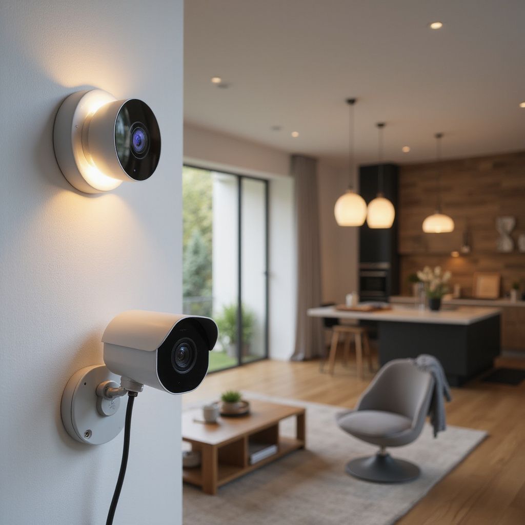 Two security cameras on a white wall in a modern home, overlooking a living space.