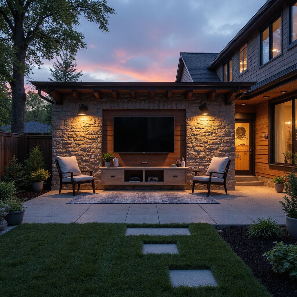 Outdoor living space with TV, chairs, and stone wall; evening setting.