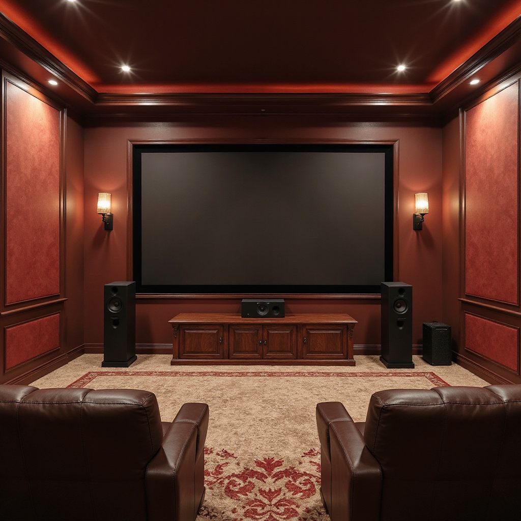 Home theater with a large screen, dark red walls, speakers, and leather chairs.